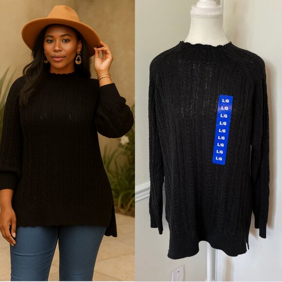 NWT bleu:gray Cable Knit Lightweight Black Sweater L - Picture 1 of 10